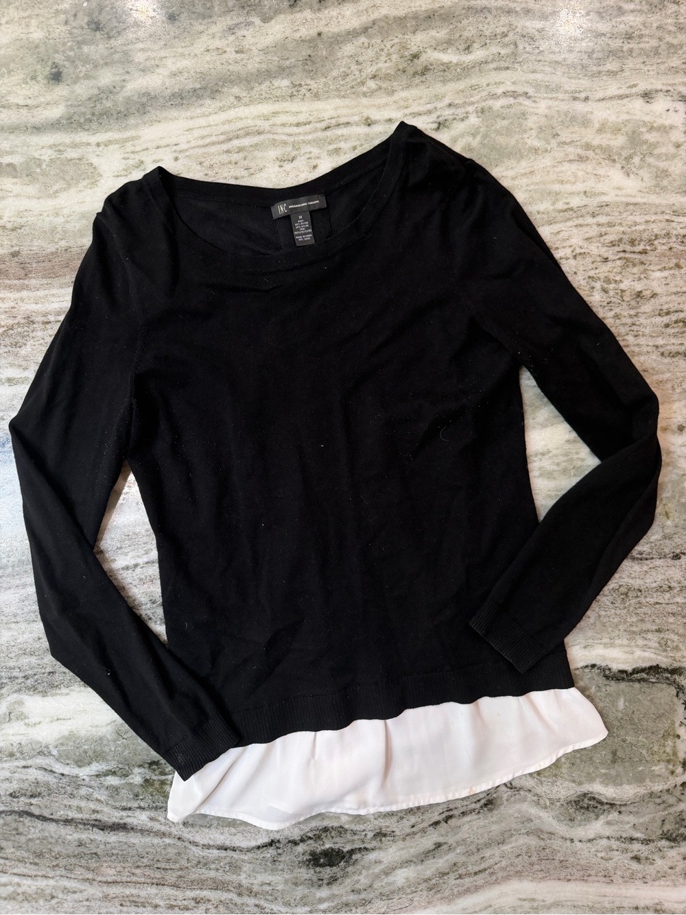 INC International Concepts Black Sweater with White Hem Detail